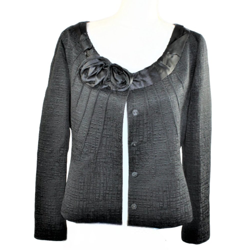 Elie Tahari Sabrina Rose Embellished Black Texture Suit Jacket, Size Large - Picture 6 of 14